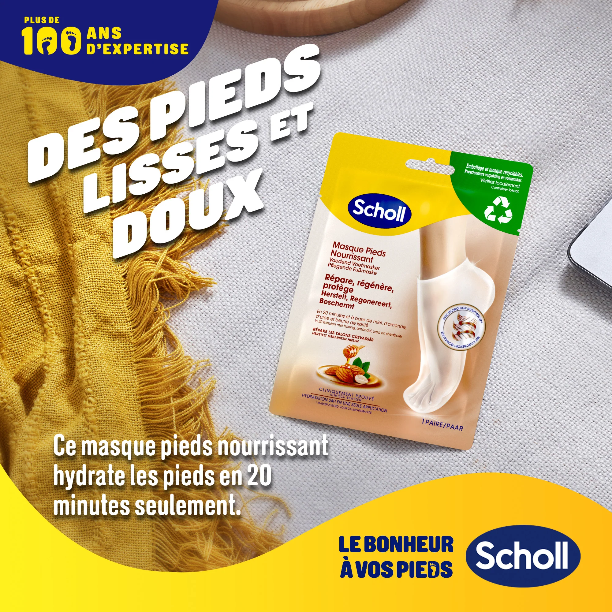 Masque Pieds Nourrissant et Hydratant Miel et Amande pour Peaux Sèches Scholl - Image 4